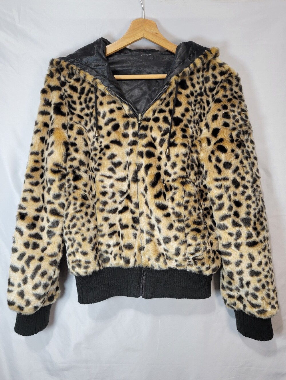 American Rag Leopard Faux Fur Hooded Bomber Jacket Y2K Streetwear, Indie Sleaze